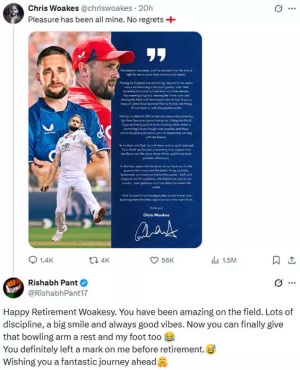 'You definitely left a mark on me': Rishabh Pant's hilarious tribute to retiring Chris Woakes goes viral