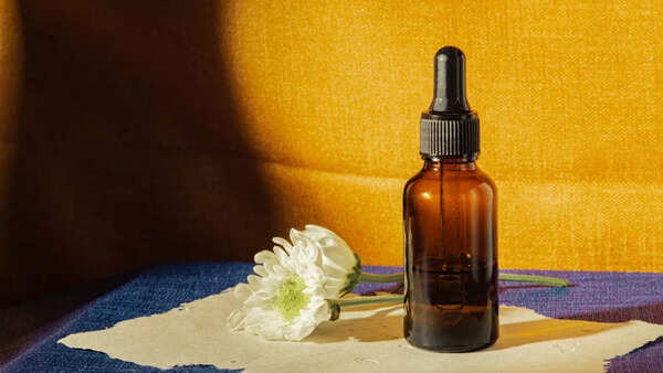 Close-up shot of a bottle of hair serum