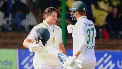 Lhuan-dre Pretorius celebrates his record-breaking innings with Corbin Bosch.