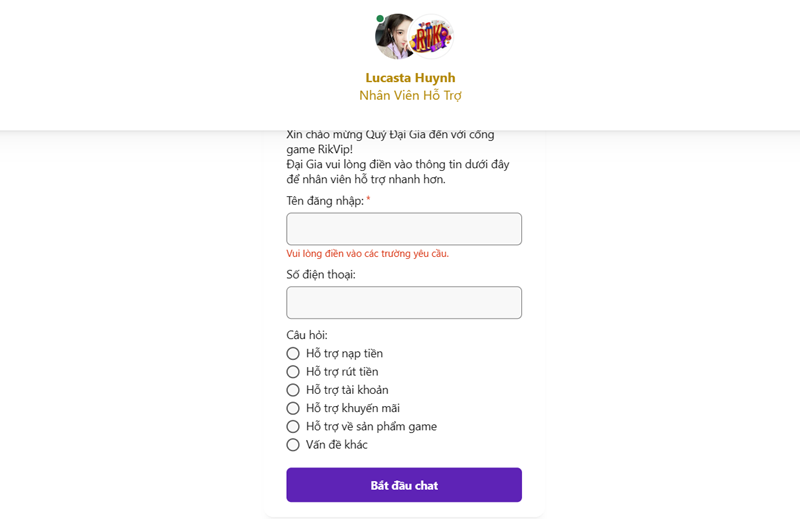 Giao diện Live Chat của cổng game rikvip